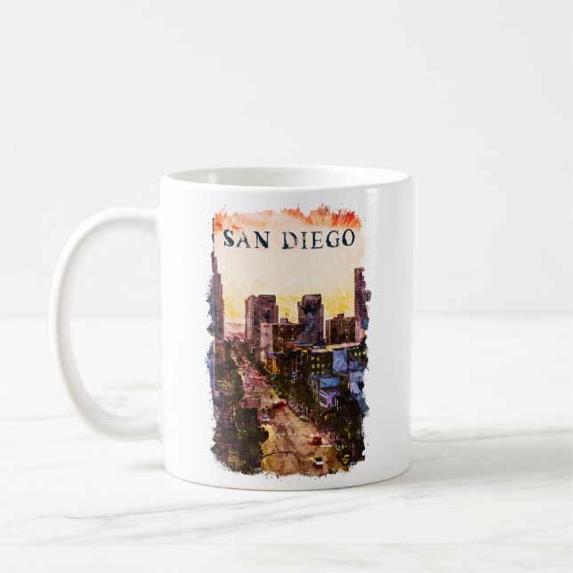 San Diego California Watercolor Sunset View Coffee Mug (Left)