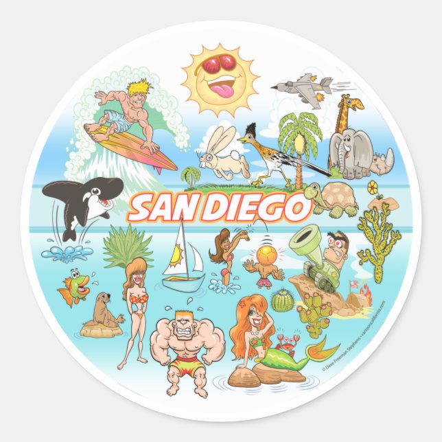 San Diego Cartoon Classic Round Sticker (Front)