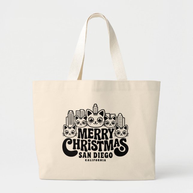 San Diego City California Merry Christmas Cats USA Large Tote Bag (Front)