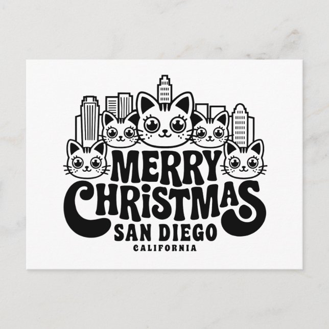 San Diego City California Merry Christmas Cats USA Postcard (Front)