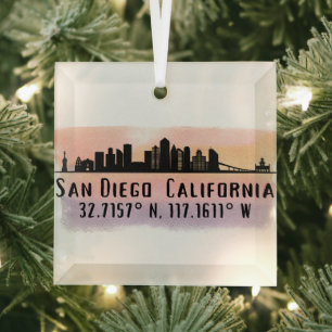 San Diego City Skyline Latitude and Longitude  Glass Tree Decoration