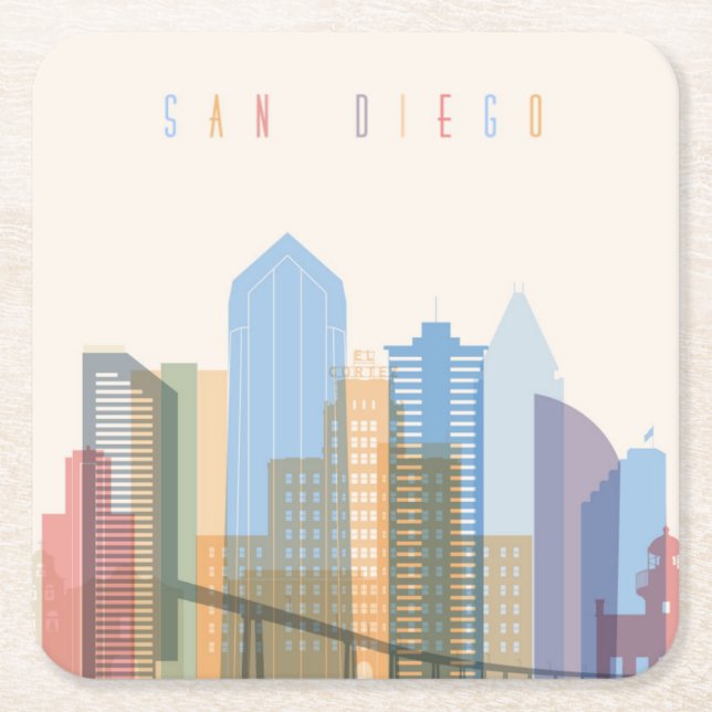 San Diego City Skyline Square Paper Coaster (Front)