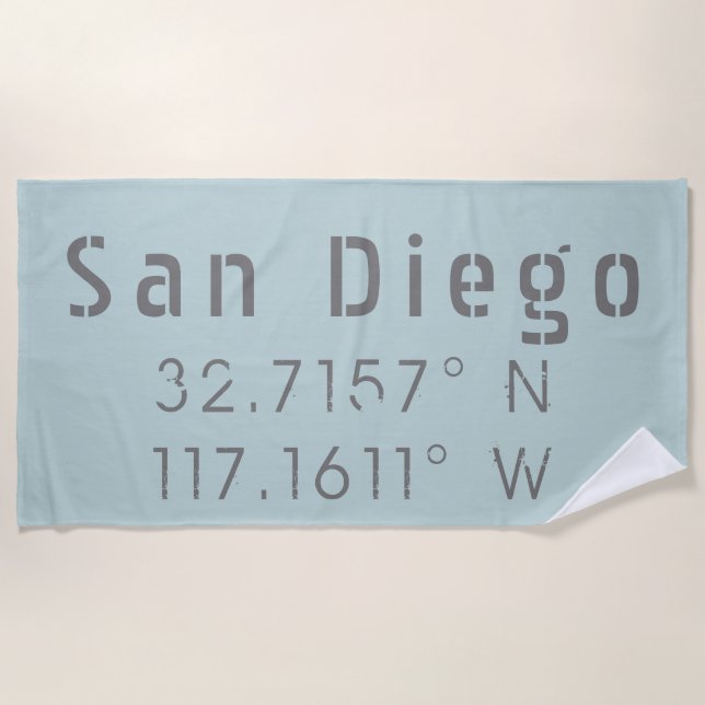 San Diego Latitude Longitude Beach Towel (Front)
