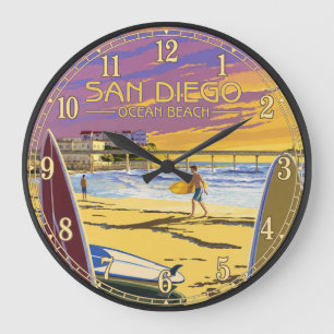 San Diego Ocean Beach Sunset Surf  Large Clock