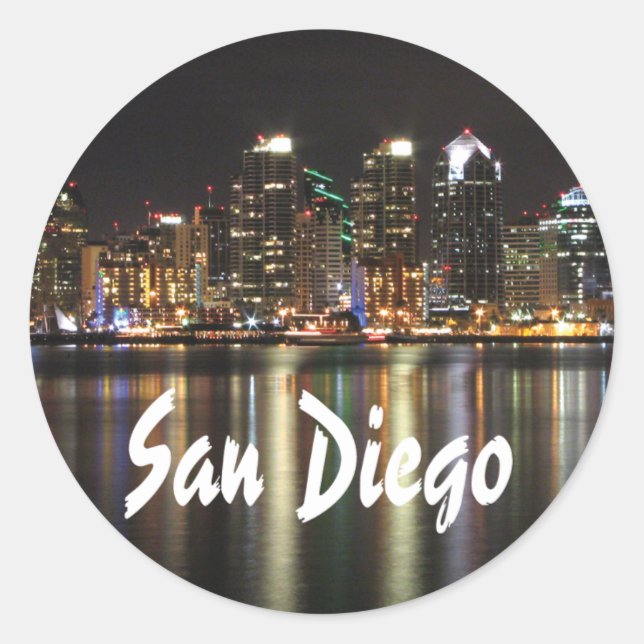 San Diego Skyline at night photo Classic Round Sticker (Front)