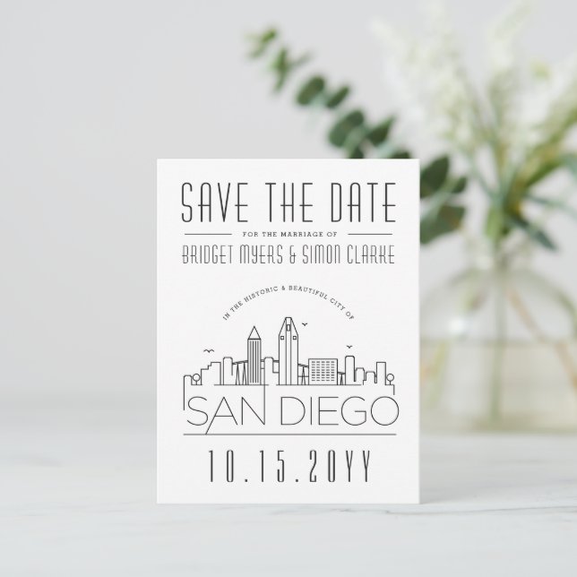 San Diego Skyline Save the Date Borderless Deco Postcard (Standing Front)