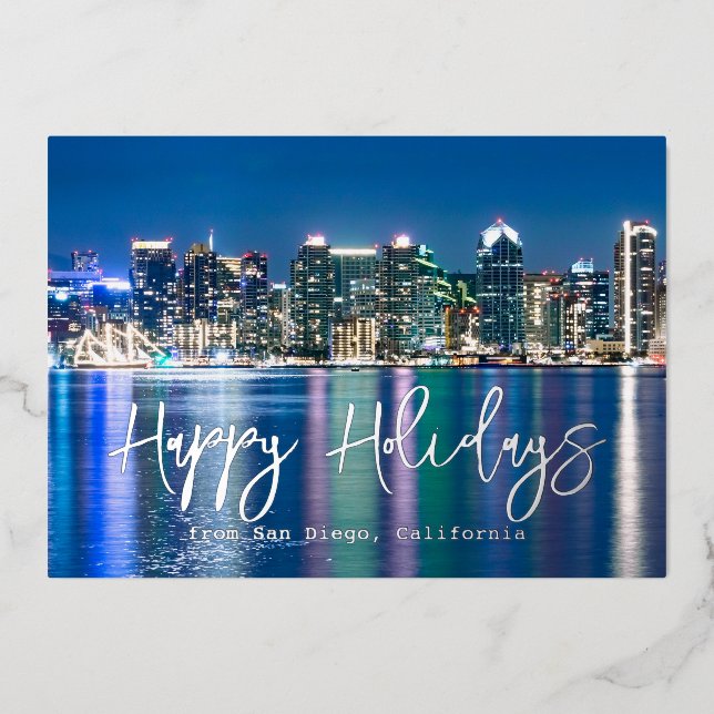 San Diego Skyline Silver Custom Family Photo Foil Holiday Card (Front)