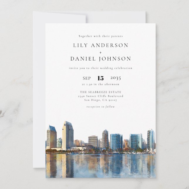 San Diego Skyline Watercolor All In One Wedding Invitation (Front)