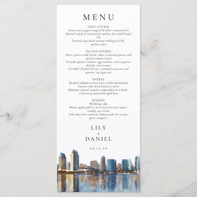 San Diego Skyline Watercolor Destination Wedding Menu (Front)