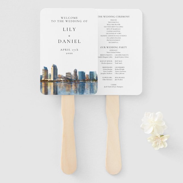 San Diego Skyline Watercolor Wedding Program Hand Fan (Front and Back)