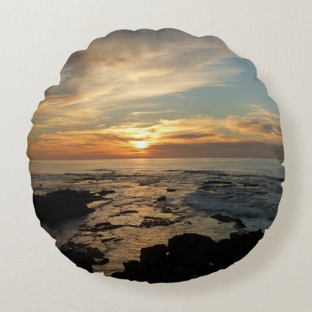 San Diego Sunset I California Seascape Round Cushion (Front)