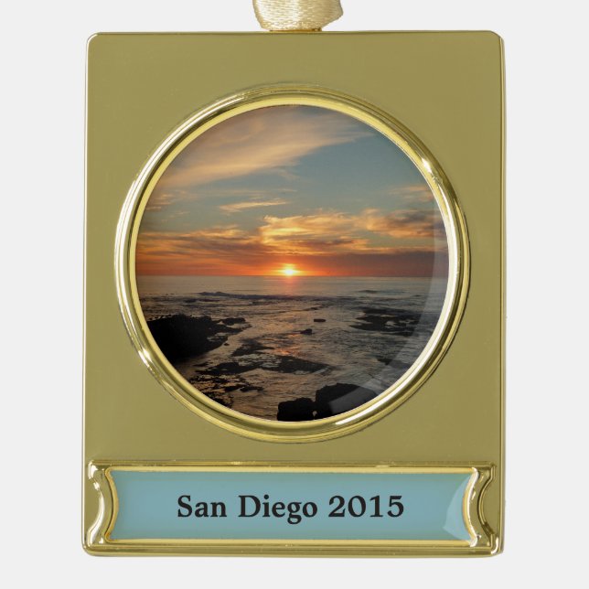 San Diego Sunset II California Seascape Gold Plated Banner Ornament (Front)