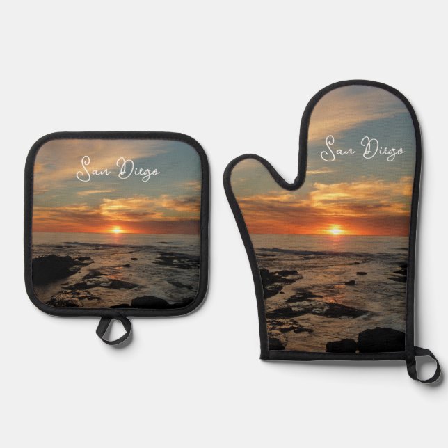 San Diego Sunset II California Seascape Oven Mitt & Pot Holder Set (Front)