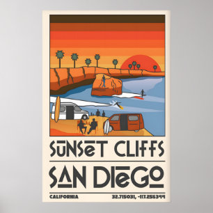 San Diego Travel Poster Retro Sunset Cliffs Scene