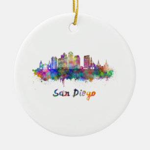 San Diego V2 skyline in watercolor Ceramic Tree Decoration