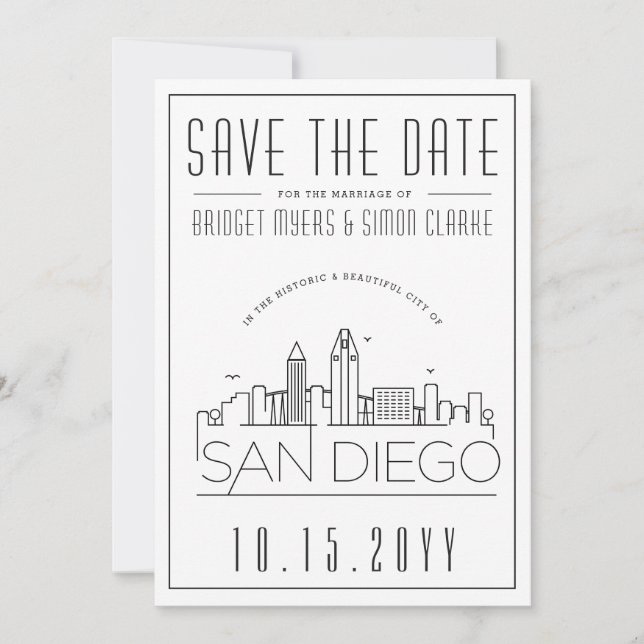 San Diego Wedding | Stylised Skyline Save the Date Invitation (Front)