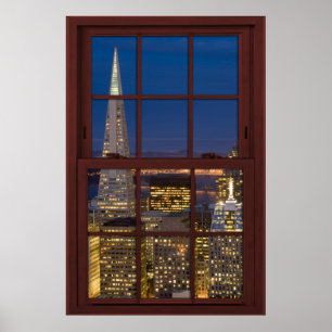 San Fran Skyline at Night Faux Cherry Wood Window Poster