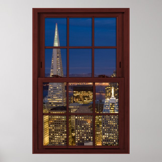 San Fran Skyline at Night Faux Cherry Wood Window Poster (Front)