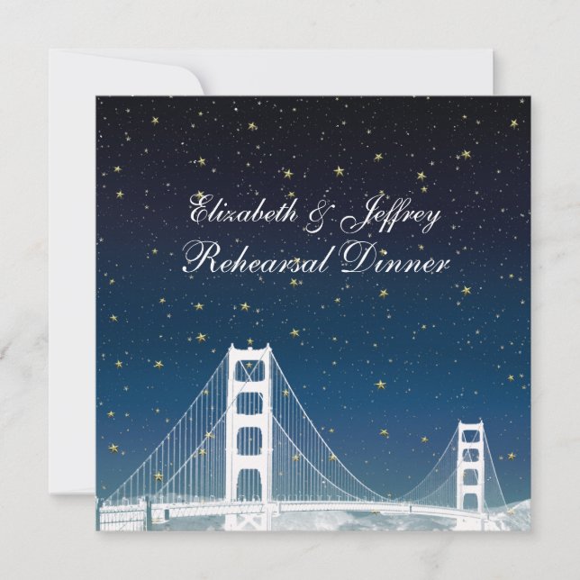 San Fran Skyline Etched Blue Star Rehearsal Dinner Invitation (Front)