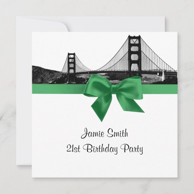 San Fran Skyline Etched BW Dark Jade SQ Birthday Invitation (Front)