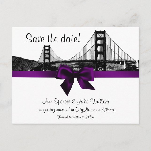 San Fran Skyline Etched BW Purple Save the Date Announcement Postcard (Front)