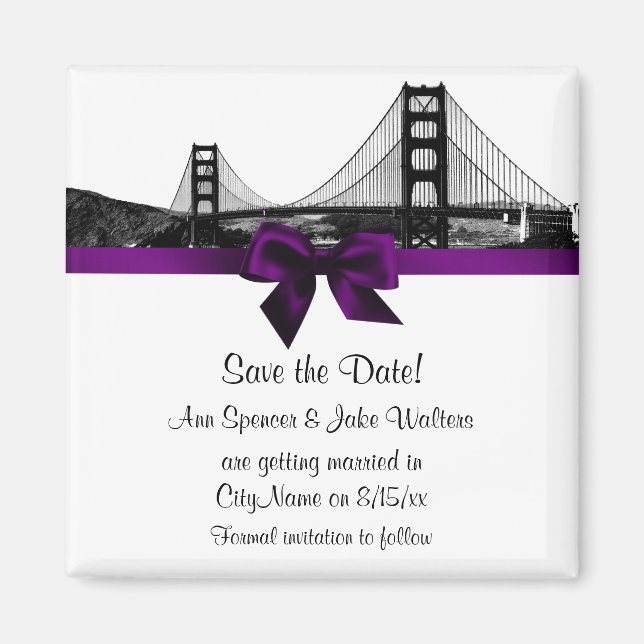 San Fran Skyline Etched BW Purple Save the Date Magnet (Front)