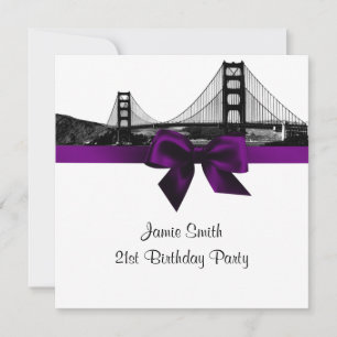 San Fran Skyline Etched BW Purple SQ Birthday Invitation