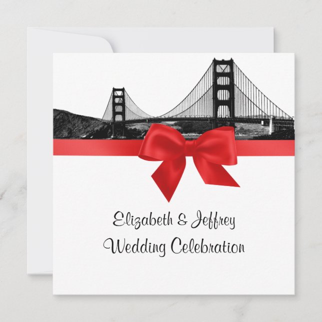 San Fran Skyline Etched BW SQ Red Wedding Invitation (Front)