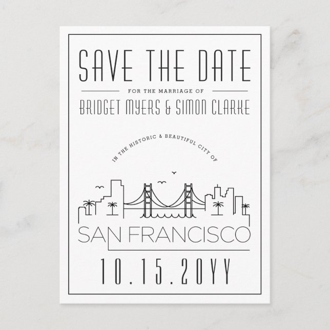 San Fran Wedding | Stylised Skyline Save the Date Postcard (Front)