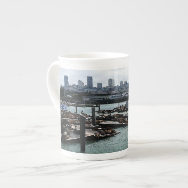 San Francisco and Pier 39 Sea Lions City Skyline Bone China Mug (Front Left)