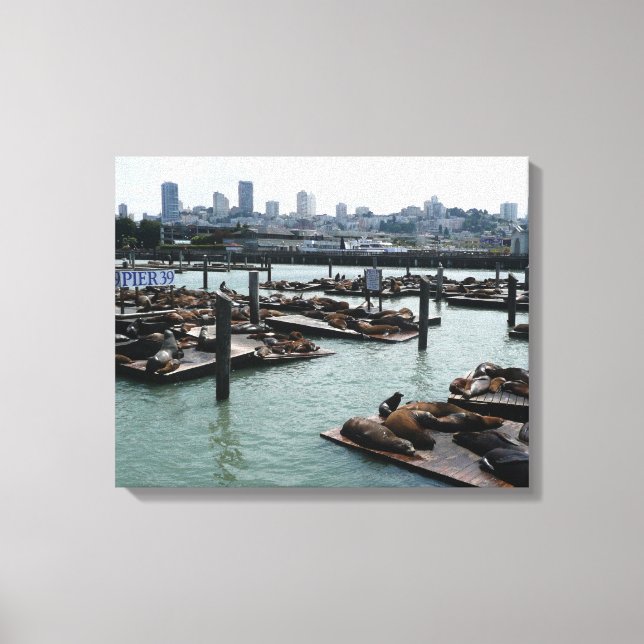 San Francisco and Pier 39 Sea Lions City Skyline Canvas Print (Front)