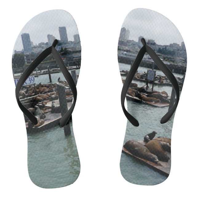 San Francisco and Pier 39 Sea Lions City Skyline Flip Flops (Footbed)