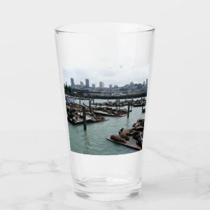 San Francisco and Pier 39 Sea Lions City Skyline Glass