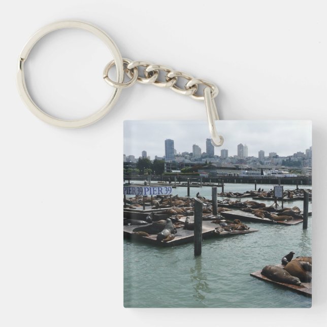 San Francisco and Pier 39 Sea Lions City Skyline Key Ring (Front)