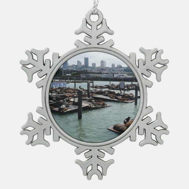 San Francisco and Pier 39 Sea Lions City Skyline Snowflake Pewter Christmas Ornament (Front)