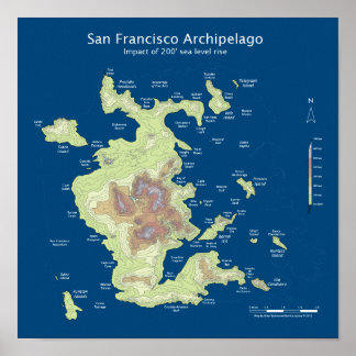 San Francisco Archipelago, 200' sea level rise 12" Poster