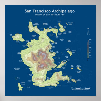 San Francisco Archipelago, 200' sea level rise 16" Poster