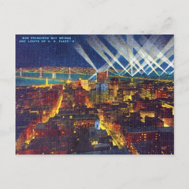 San Francisco Bay Bridge & Lights of US Fleet Postcard (Front)