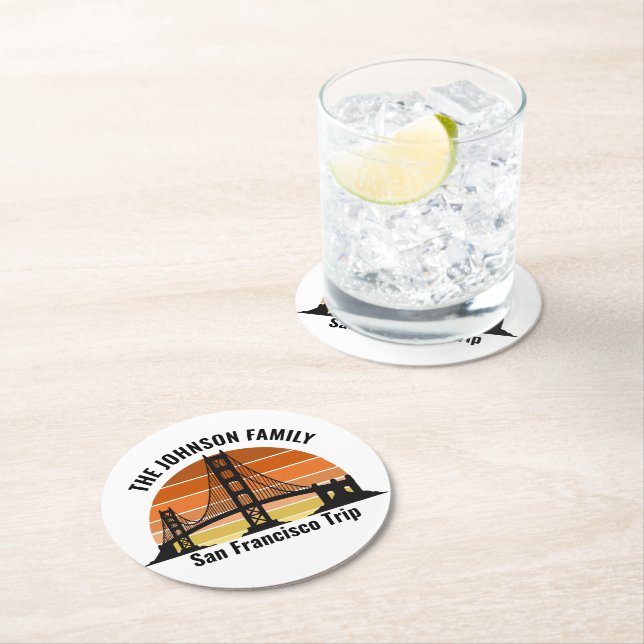 San Francisco Bridge Sunset Personalised Party Round Paper Coaster (Insitu)