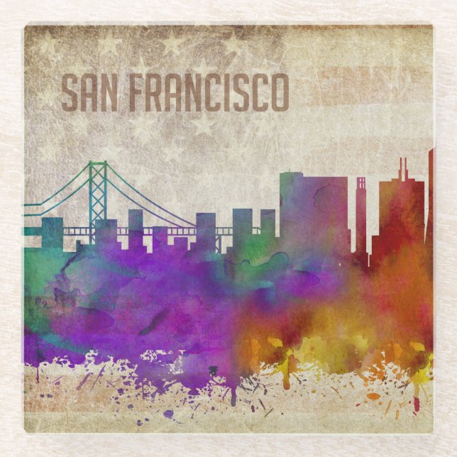 San Francisco, CA | Watercolor City Skyline Glass Coaster (Front)