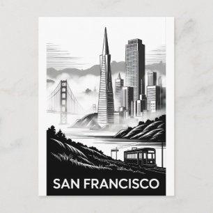 San Francisco California Black White Woodcut Postcard