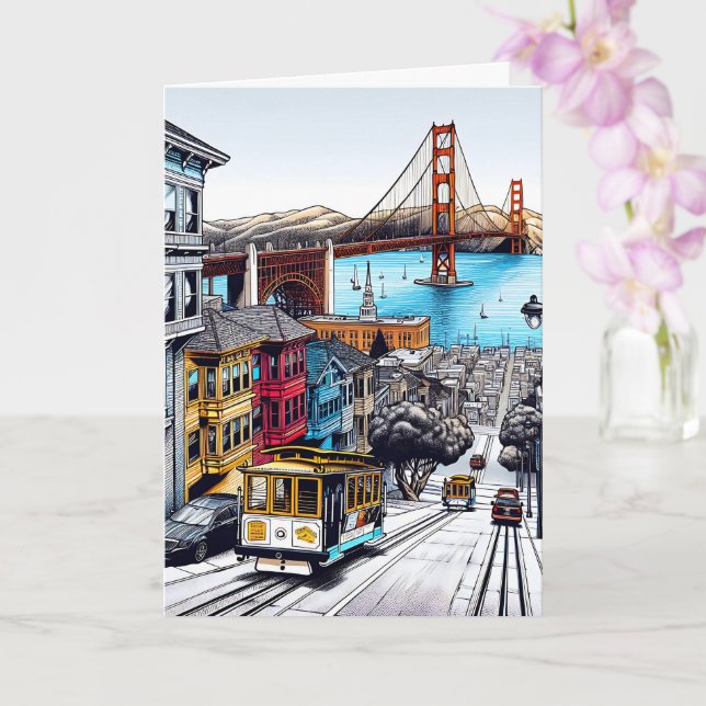 San Francisco, California Comic Book Style Art Card (Orchid)