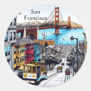 San Francisco, California Comic Book Style Art Classic Round Sticker