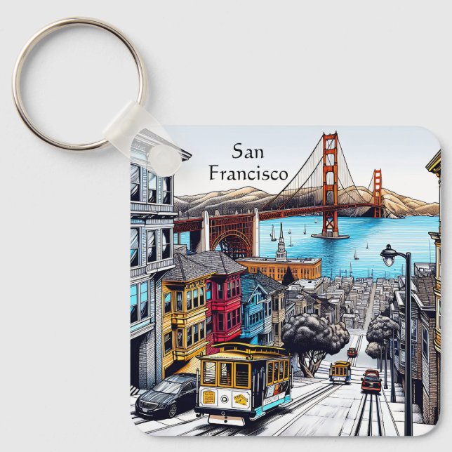 San Francisco, California Comic Book Style Art Key Ring (Front)