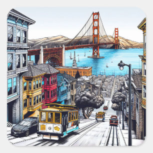 San Francisco, California Comic Book Style Art Square Sticker