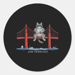 San Francisco Cat Golden Gate Bridge Iced Coffee Classic Round Sticker