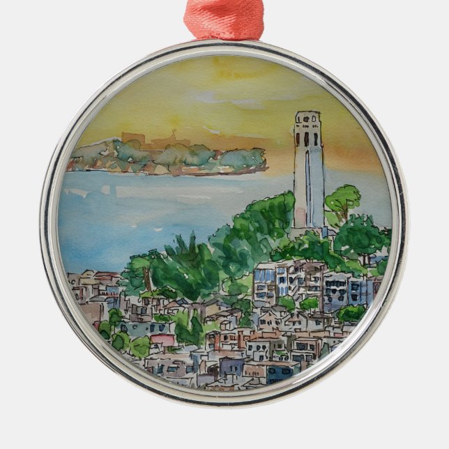 San Francisco Dusk Sunset Over Coit Tower Metal Tree Decoration (Front)