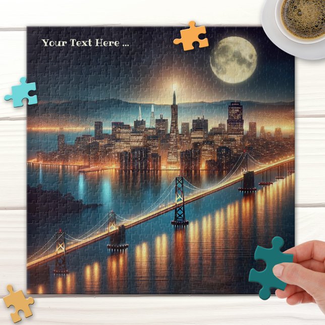 San Francisco Fantasy Night Puzzle (Puzzle featuring a painting of a fantasy scene inspired by San Francisco, with a full moon at night)