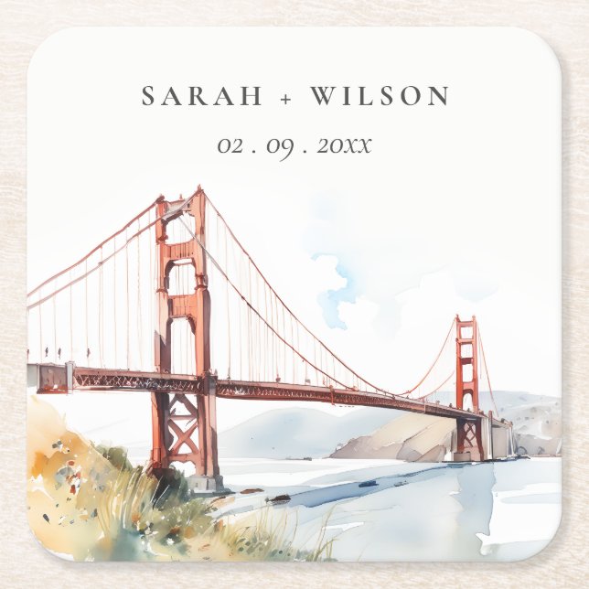 San Francisco Golden Gate Bridge Landscape Wedding Square Paper Coaster (Front)