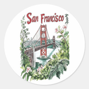 San Francisco Golden Gate Bridge Watercolor Design Classic Round Sticker